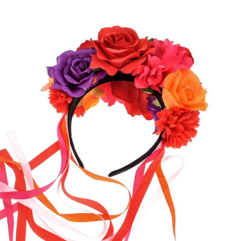 Floral Fall Women Day of the Dead Flower Crown Festival Headband Rose Mexican Floral Headpiece HC-23 (Red Purple) - Image 4
